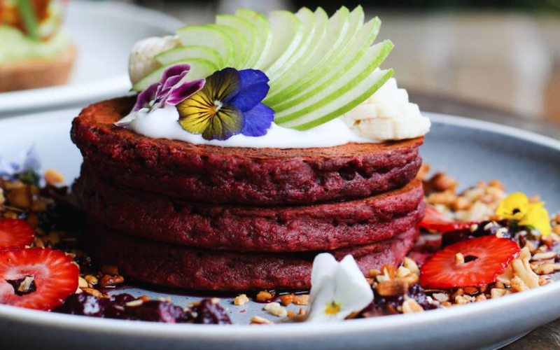 Two-for-one gluten free, vegan red velvet pancakes at Ruby Lane Wholefoods Manly